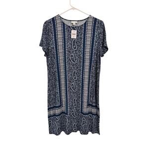 J. Jill T-Shirt Dress Blue Paisley Size Medium Petite NWT Rayon Spandex Blend